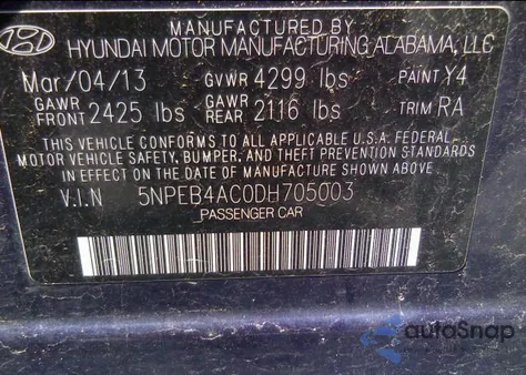 2013 Hyundai Sonata Gls from USA, damaged, VIN 5NPEB4AC0DH705003